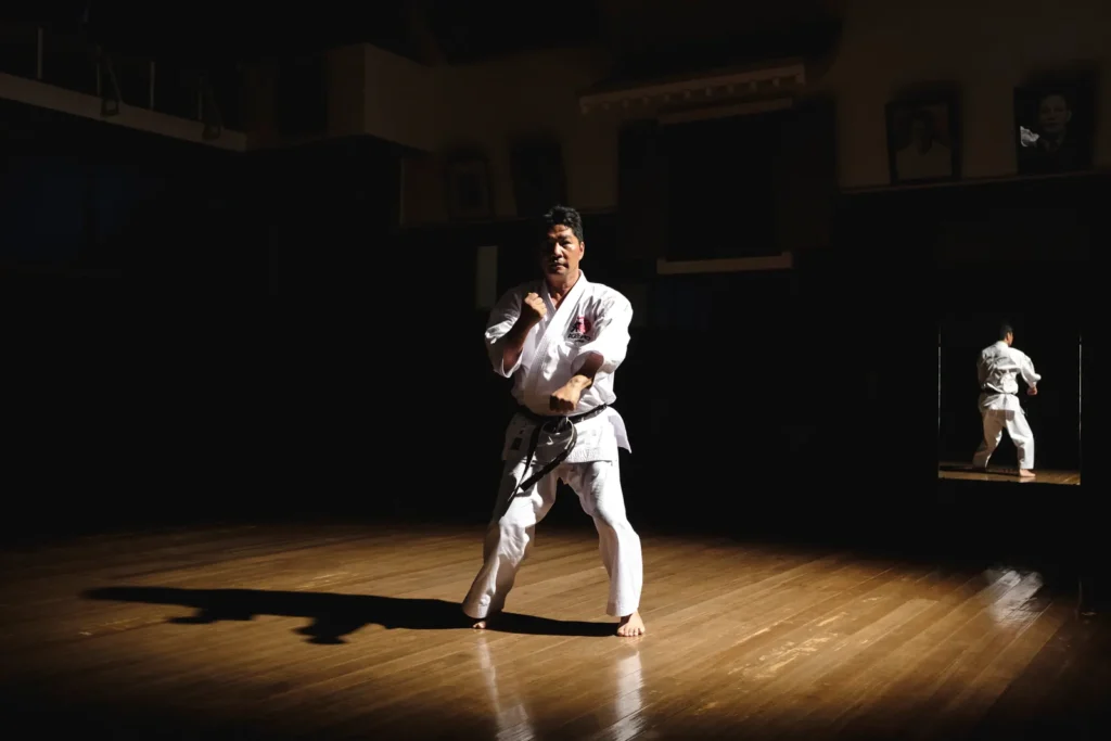 A karateka in a fighting stance, spotlit in a dark traditional dojo hall