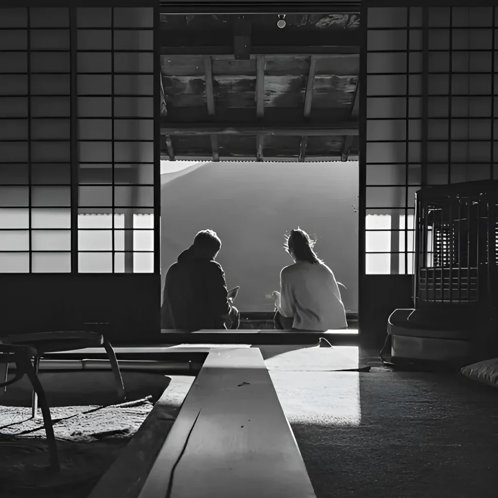 Silhouette of two guests inside a traditional Okinawan house