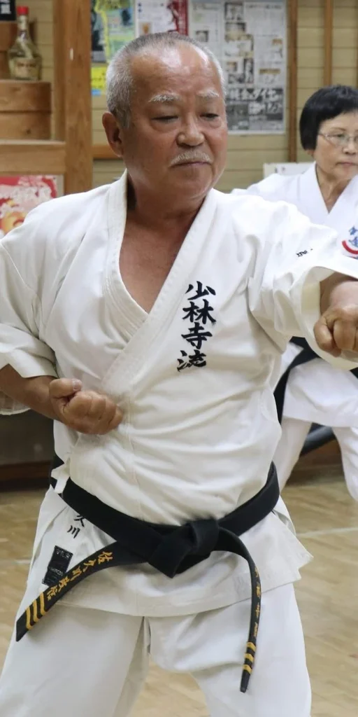 A senior black-belt instructor mid-technique