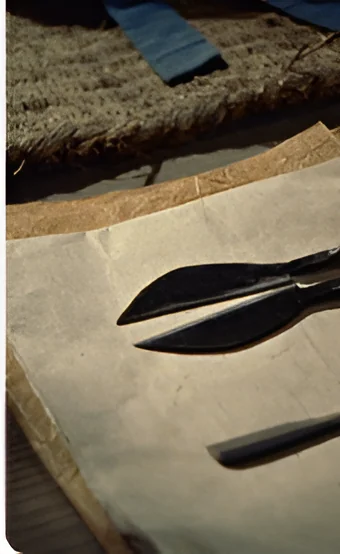 Traditional blades resting on paper over woven straw