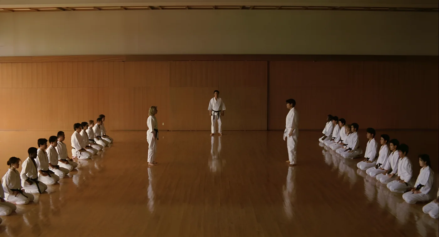 Students kneeling in rows on a traditional dojo floor