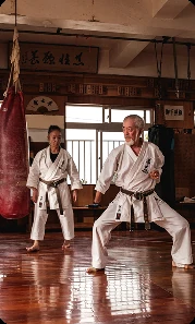 Two karateka training beside a heavy bag in a sunlit dojo