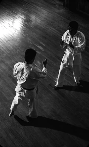 Two karateka practicing kumite on a wooden dojo floor