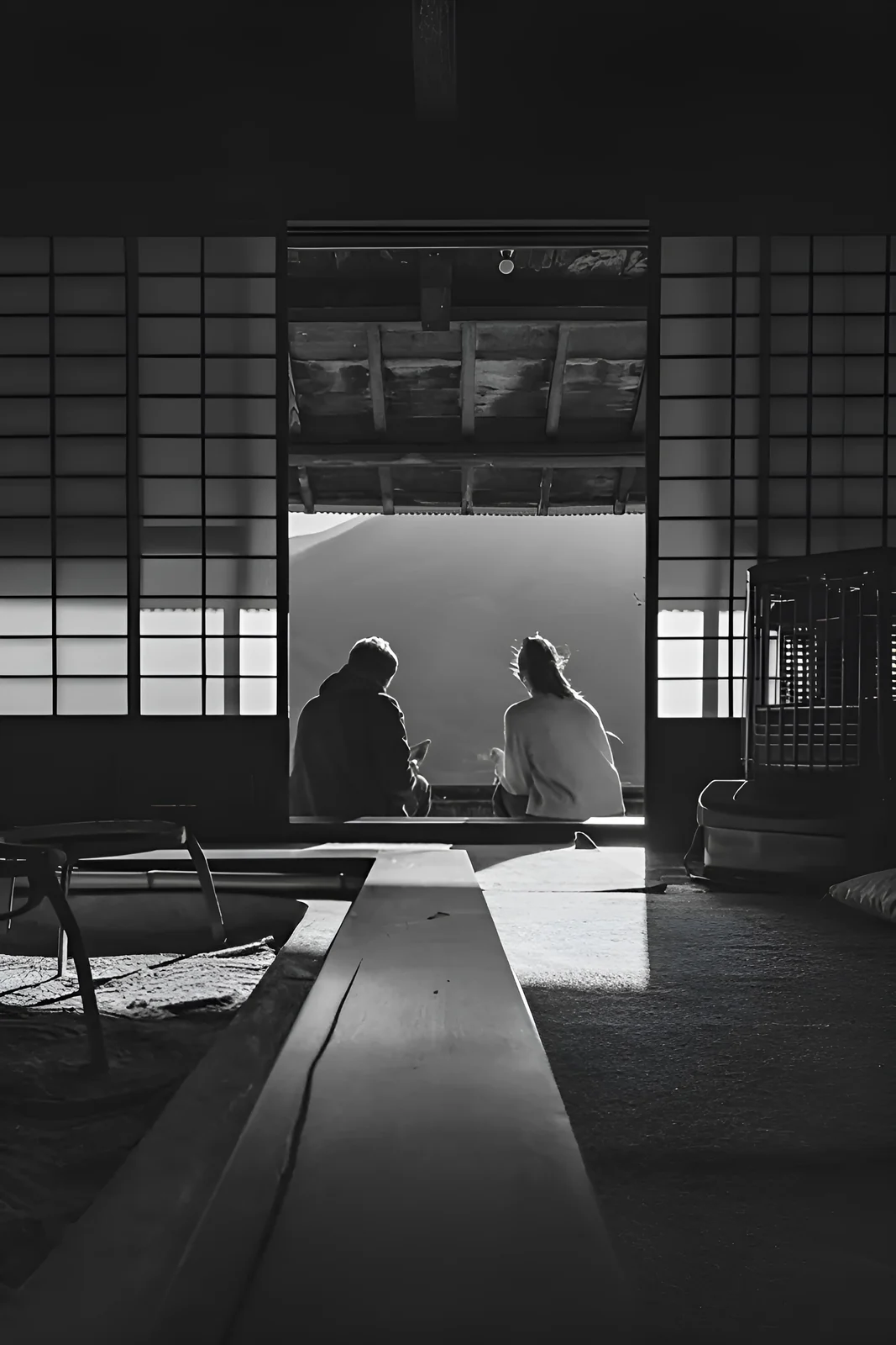 Two figures silhouetted in the doorway of a traditional Okinawan house at dusk