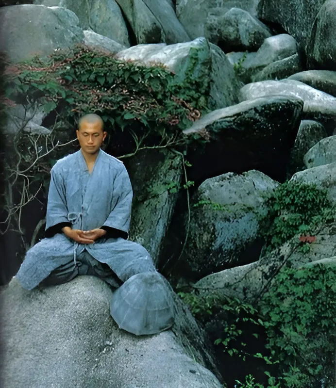 A monk in quiet meditation among moss-covered boulders